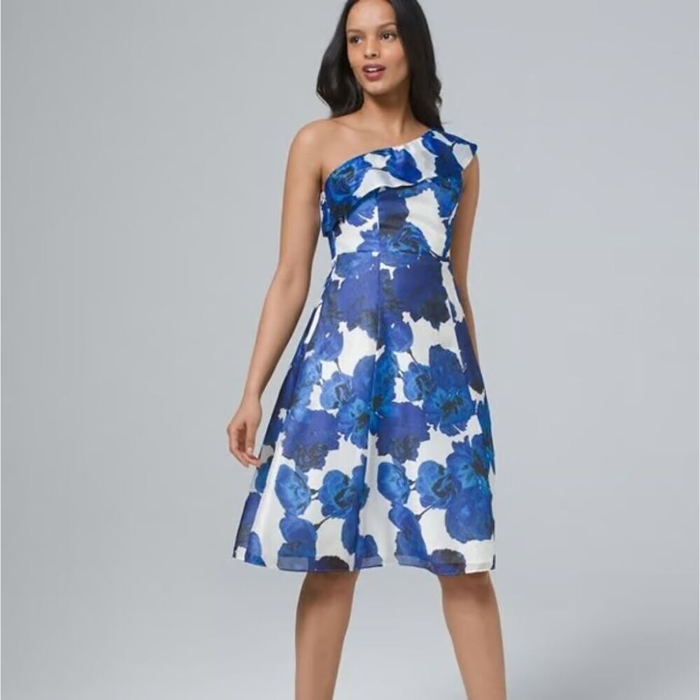 Adrianna Papell Blue and White One-Shoulder Floral A-Line Dress